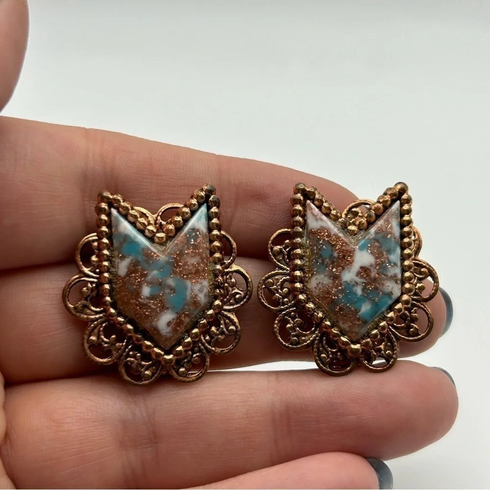 Vintage Copper Swirl Victorian Revival Clip On Earrings with Marble Glitter